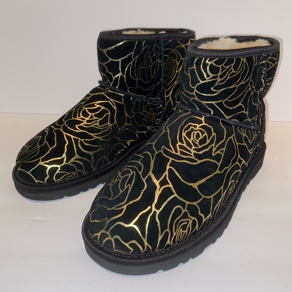 UGG Classic Mini Boots Black with Gold Roses – Size 6 NWOT